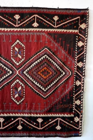 Large Kilim, dated 1919 with Armenian letters,  North Azerbeidzjan, Kuba area. 
A restauration behind the letters. 
Size 203 x 353 Cm's. 
          