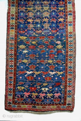 Kazak, Kaukasus, Kuba area, Chi-Chi, early 20th century. 
Some old repairs. crispy. 
Original sides. 
253 x 115 Cm. 8.4 feet x 3.7 feet. 
Scorpions on a blue field.     