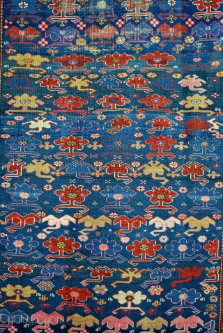 Kazak, Kaukasus, Kuba area, Chi-Chi, early 20th century. 
Some old repairs. crispy. 
Original sides. 
253 x 115 Cm. 8.4 feet x 3.7 feet. 
Scorpions on a blue field.     