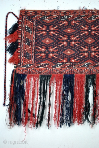 Torba, Ersari Beshir, complete, in perfect condition. 
Soumack. 93 x 43 Cm. with tassels 70 Cm. high. 
               