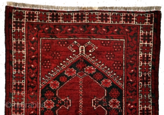 Prayer rug. 
Ersari Beshir, Middle Amu Darya area, Turkmenia.
1930 - 1940. 
In perfect condition. 
Goat wool warp. 
Little corroding in the black wool. 
Natural colors. 
80 x 110 Cm. 

ON HOLD  