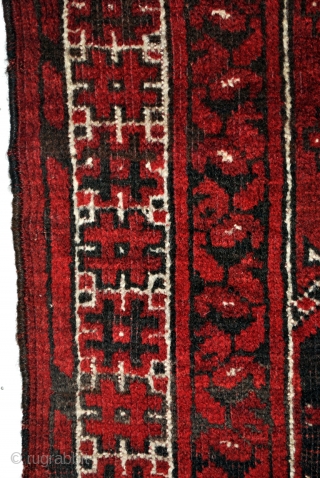 Prayer rug. 
Ersari Beshir, Middle Amu Darya area, Turkmenia.
1930 - 1940. 
In perfect condition. 
Goat wool warp. 
Little corroding in the black wool. 
Natural colors. 
80 x 110 Cm. 

ON HOLD  