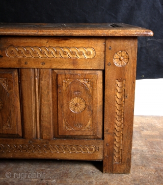 Chest, Dutch, early 18th century. Blond Oak with a great patina. 
Long 128 Cms. 4 ft 3 inch high 64 Cms 2 ft 2 inch. 
       