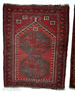 2 Ersari Beshir prayer rugs.
One is dated, it reads like 1234 = 1819. ? 
I am not sure it is that old. 

Both with a warp of undyed goat wool. 
left: 86  ...