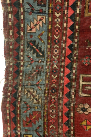 Armenian rug, antique,  with text. 
Zurvanist fire torch and fire symbol in the border. 
Wine glass and saw blade called. 
1900-1910. wool on wool. 
360 x 125 Cm. - 12 feet  ...