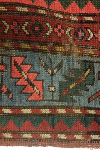 Armenian rug, antique,  with text. 
Zurvanist fire torch and fire symbol in the border. 
Wine glass and saw blade called. 
1900-1910. wool on wool. 
360 x 125 Cm. - 12 feet  ...