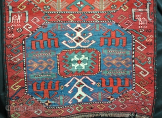 Kazak, Chaili, village in the neighbourhood of the Moghan area. 
Very traditionally in the design.
The red ground is rare. Mostly indigo blue. 
Some light corroding in the black. A few minimal moth  ...
