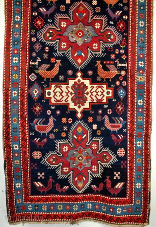 kazak, Karabach, Lampa, 290 x 117 Cm. Dated - 1308 = 1891. Beautiful cochenille red. Great high pile - 1 cm.  The wool looks splendid, the only mark of it's old  ...