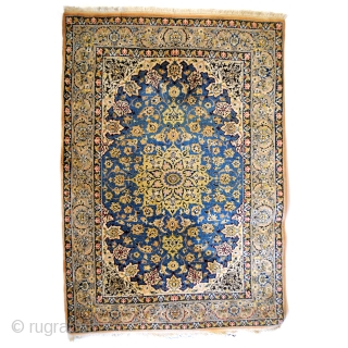 Isfahan, wool with silk knotted on cotton, 1000.000 knots per sq. M. 
235 x 160 Cm. 7.8 ft. x 5.3 ft. 
Beautiful silky shine, specially in the dark blue. 
In great condition.  ...
