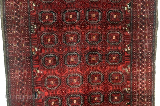 Turkoman Ersari Tekke. 
Saryken 'Mary' Gul, late 19th century, even wear, nice pile. 
Abrash in the cherry red field. 
256 x 137 Cm. 8.5 ft. x 4.5 ft. 
    