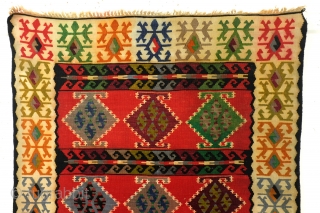 'Sarkoy' kelim, Bulgarian, antique, 195 x 148 Cm. 

The pigments cochineal can be obtained from three different scale types. In the production are only females lice used. The color of the pigment  ...