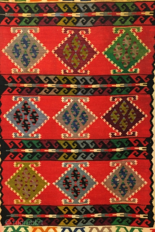 'Sarkoy' kelim, Bulgarian, antique, 195 x 148 Cm. 

The pigments cochineal can be obtained from three different scale types. In the production are only females lice used. The color of the pigment  ...