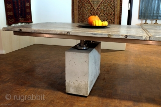 Large table, by Skipper, studio made, signature object, length 365 Cm. - 12 feet, 6 inch. Concrete pedestals( hollow to save weight ), stainless steel joints, salvaged old wood -Azobé. i work  ...