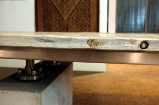 Large table, by Skipper, studio made, signature object, length 365 Cm. - 12 feet, 6 inch. Concrete pedestals( hollow to save weight ), stainless steel joints, salvaged old wood -Azobé. i work  ...