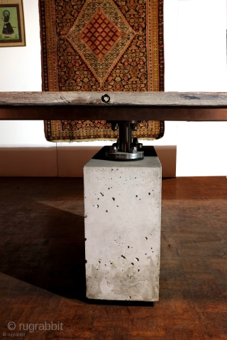 Large table, by Skipper, studio made, signature object, length 365 Cm. - 12 feet, 6 inch. Concrete pedestals( hollow to save weight ), stainless steel joints, salvaged old wood -Azobé. i work  ...