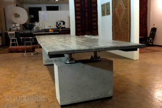 Large table, by Skipper, studio made, signature object, length 365 Cm. - 12 feet, 6 inch. Concrete pedestals( hollow to save weight ), stainless steel joints, salvaged old wood -Azobé. i work  ...