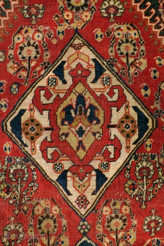 Highly collectable Qashqai, 1860 - 1880. 
200 x 120 cm. 
Beautifully worn, in places worn through, refined knotted, all natural colors te red from Cochenille. 64 knots per Cm.    