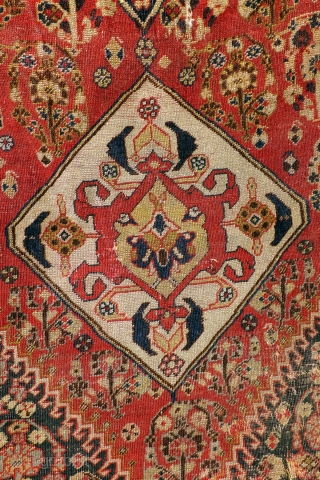 Highly collectable Qashqai, 1860 - 1880. 
200 x 120 cm. 
Beautifully worn, in places worn through, refined knotted, all natural colors te red from Cochenille. 64 knots per Cm.    