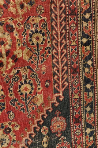 Highly collectable Qashqai, 1860 - 1880. 
200 x 120 cm. 
Beautifully worn, in places worn through, refined knotted, all natural colors te red from Cochenille. 64 knots per Cm.    