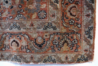 Hadji-Jalili, fine antique Persian rug. 1880. 
180 x 120 Cm. 6 feet x 4 feet. 
Nice vintage look. 
Apricot open field with a citron medaillon and very fine knotting.
Cloudband design in the  ...