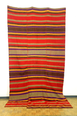 Bulgarian kilim, jajim, but different made; two colors embroided in one pattern. 
This gives an optical effect. See detail photo's. 
Used on couches.  
size; 335 x 180 Cm. 
Made in 3  ...