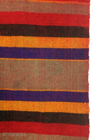 Bulgarian kilim, jajim, but different made; two colors embroided in one pattern. 
This gives an optical effect. See detail photo's. 
Used on couches.  
size; 335 x 180 Cm. 
Made in 3  ...