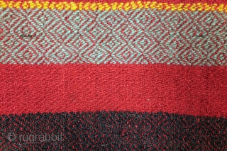 Bulgarian kilim, jajim, but different made; two colors embroided in one pattern. 
This gives an optical effect. See detail photo's. 
Used on couches.  
size; 335 x 180 Cm. 
Made in 3  ...