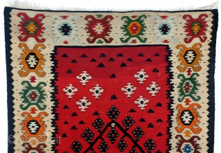 Very fine woven kilim, around 1930.  
'Sarkoy', is the name Turkish rug deales gave to these
Balkan made weavings. 
It is in fact a misleading name, suggesting they only were made
on Turkish  ...