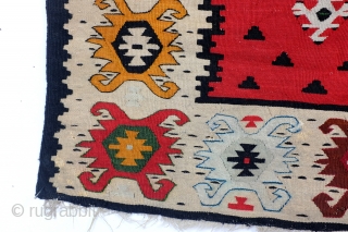 Very fine woven kilim, around 1930.  
'Sarkoy', is the name Turkish rug deales gave to these
Balkan made weavings. 
It is in fact a misleading name, suggesting they only were made
on Turkish  ...