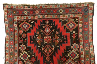 Armenian Karabach, 1880 - 1910. 
In perfect condition. wool on wool.
188 x 127 Cm. 6.2 feet x 4.2 feet. 

The red zig-zag figure is an zoroast symbol.
It stands for fire. And fire  ...