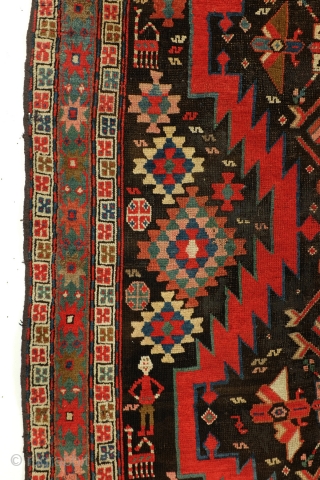 Armenian Karabach, 1880 - 1910. 
In perfect condition. wool on wool.
188 x 127 Cm. 6.2 feet x 4.2 feet. 

The red zig-zag figure is an zoroast symbol.
It stands for fire. And fire  ...