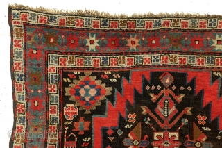 Armenian Karabach, 1880 - 1910. 
In perfect condition. wool on wool.
188 x 127 Cm. 6.2 feet x 4.2 feet. 

The red zig-zag figure is an zoroast symbol.
It stands for fire. And fire  ...