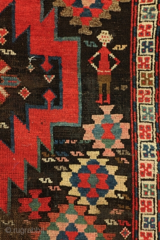 Armenian Karabach, 1880 - 1910. 
In perfect condition. wool on wool.
188 x 127 Cm. 6.2 feet x 4.2 feet. 

The red zig-zag figure is an zoroast symbol.
It stands for fire. And fire  ...