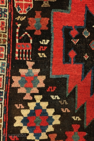 Armenian Karabach, 1880 - 1910. 
In perfect condition. wool on wool.
188 x 127 Cm. 6.2 feet x 4.2 feet. 

The red zig-zag figure is an zoroast symbol.
It stands for fire. And fire  ...