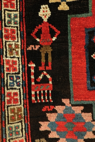 Armenian Karabach, 1880 - 1910. 
In perfect condition. wool on wool.
188 x 127 Cm. 6.2 feet x 4.2 feet. 

The red zig-zag figure is an zoroast symbol.
It stands for fire. And fire  ...