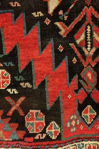 Armenian Karabach, 1880 - 1910. 
In perfect condition. wool on wool.
188 x 127 Cm. 6.2 feet x 4.2 feet. 

The red zig-zag figure is an zoroast symbol.
It stands for fire. And fire  ...