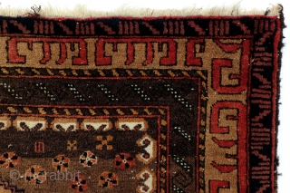 الل . الل Belouch, Beshir? Mainly natural camel wool colors. 
Remarkable border with repeating caracters with the Arab word for God >>الل. 
size 164 x 98 Cm.  5.4 feet x 3.2  ...