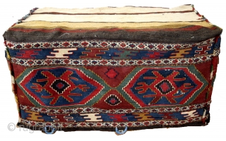 Mafrash high 50 cm. deep 55 Cm. long 100 Cm. 
Great colors including the bag/pillow. 
Back of the pillow is original made of Jajim. 
        