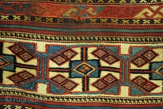 Soumack, 'grain' sack?, natural colors. 82 x 130 Cm. 2.7 ft. x 4.3 ft. Embroidery. 
Kilim back. In very fair state, one hole in the back.       