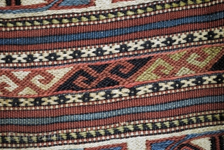 Soumack, 'grain' sack?, natural colors. 82 x 130 Cm. 2.7 ft. x 4.3 ft. Embroidery. 
Kilim back. In very fair state, one hole in the back.       