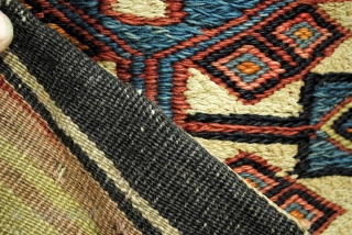 Soumack, 'grain' sack?, natural colors. 82 x 130 Cm. 2.7 ft. x 4.3 ft. Embroidery. 
Kilim back. In very fair state, one hole in the back.       