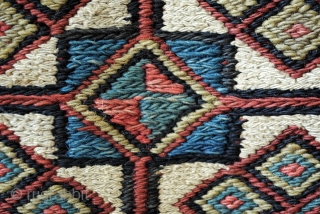 Soumack, 'grain' sack?, natural colors. 82 x 130 Cm. 2.7 ft. x 4.3 ft. Embroidery. 
Kilim back. In very fair state, one hole in the back.       