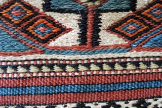 Soumack, 'grain' sack?, natural colors. 82 x 130 Cm. 2.7 ft. x 4.3 ft. Embroidery. 
Kilim back. In very fair state, one hole in the back.       