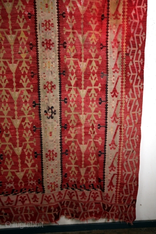 19th century Sarkoy, 285 x 162 Cm. 
Big tree of life. Some bleeding, one or two holes. 
Probably a dowry gift, 2 trees side by side.... 

ON AUCTION AT CATAWIKI
link: https://veiling.catawiki.nl/kavels/28035157-sarkoy-kelim-285-cm-162-cm?previous=favorites  