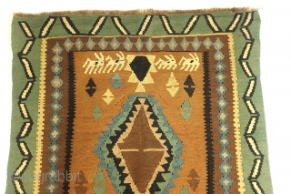 Bedouin kilim from the UAE desert, close to Dubai, with white oryxs, legendary desert goats. 70-ies. Split kilim. In perfect condition. 230 x 147 Cm. 
Thick wool see details.
A field of natural  ...