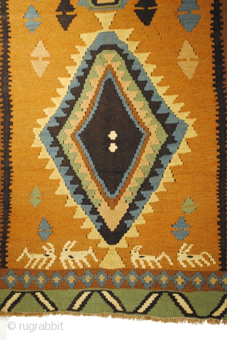 Bedouin kilim from the UAE desert, close to Dubai, with white oryxs, legendary desert goats. 70-ies. Split kilim. In perfect condition. 230 x 147 Cm. 
Thick wool see details.
A field of natural  ...