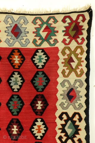 Sarkoy kilim. 125 x 63 Cnm. 
Sarkoy is a harbour town at the north coast of the Black Sea. 
A small area what remained Turkish territory after the Turkish defeat in 1912.  ...