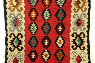 Sarkoy kilim. 125 x 63 Cnm. 
Sarkoy is a harbour town at the north coast of the Black Sea. 
A small area what remained Turkish territory after the Turkish defeat in 1912.  ...