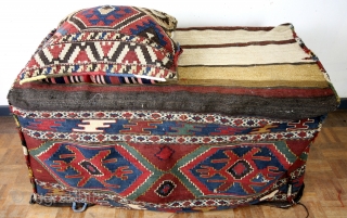 Mafrash, antique, kilim, both matching pillow ans Mafrash. 
110 x 55 Cms. High 50 Cm. 
You need to make the wooden box.  
Nice Jajim back on the pillow. 
   