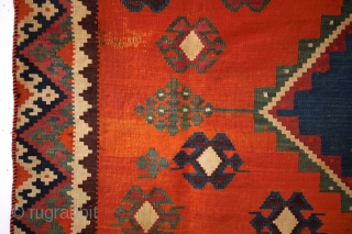 Luri people, late 19th early 20th century, 240 x 112 Cms. 
On natural undyed goat wool warp. 
Geat colors. 
Left faced weaving in one heading. 
Other side original zig/zag kilim pattern. 
Not  ...